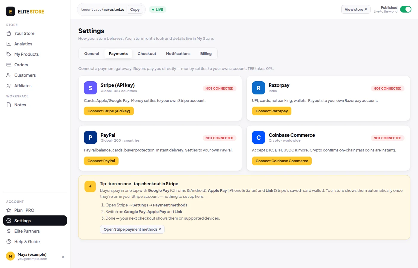 Connect Stripe, Razorpay, PayPal or Coinbase