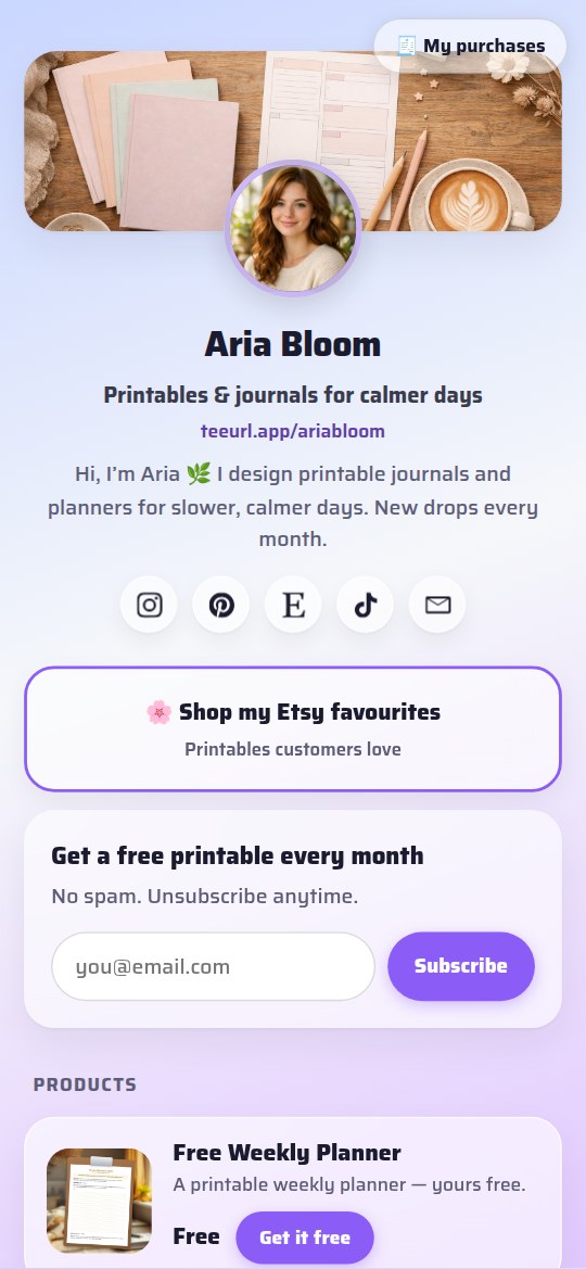 An example store with links, social icons and email sign-up