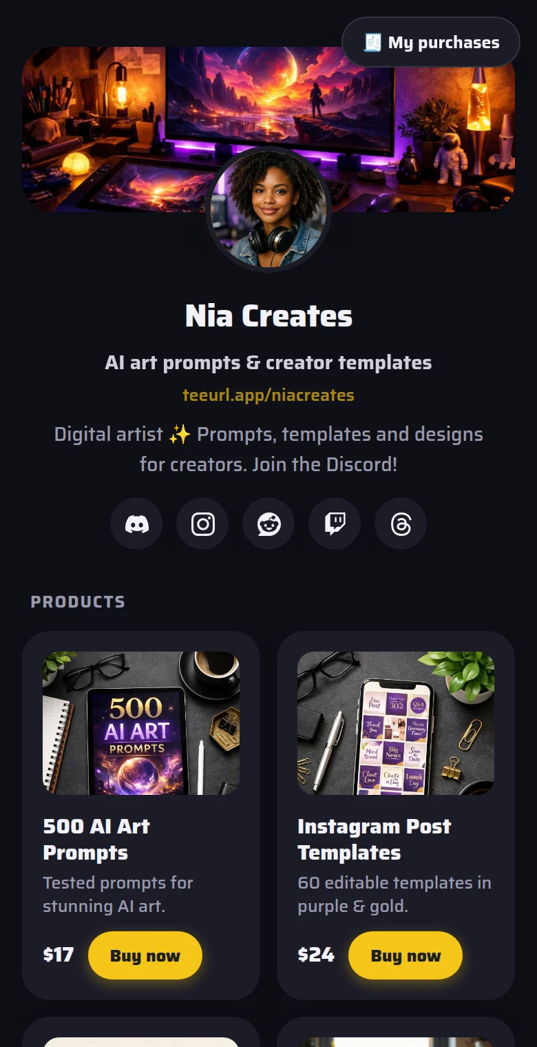 Nia Creates — Midnight · Grid theme